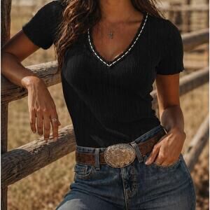 Tecovas Black Ribbed V-Neck Knit Top with Contrast Braided Trim - Size M